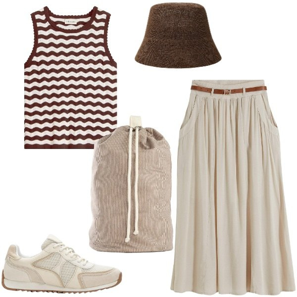 Outfit donna - giornata da turista. Stile Sporty chic per Tutti i giorni. Abbinamento con gonne lunghe, canottiere, sneakers alte, zaini, cappelli.