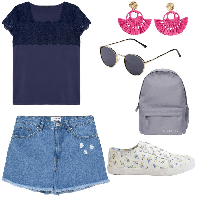 Outfit donna - A scuola con leggerezza. Stile Minimal per Scuola/Università. Abbinamento con occhiali da sole, orecchini, sneakers, shorts, zaini, bluse.