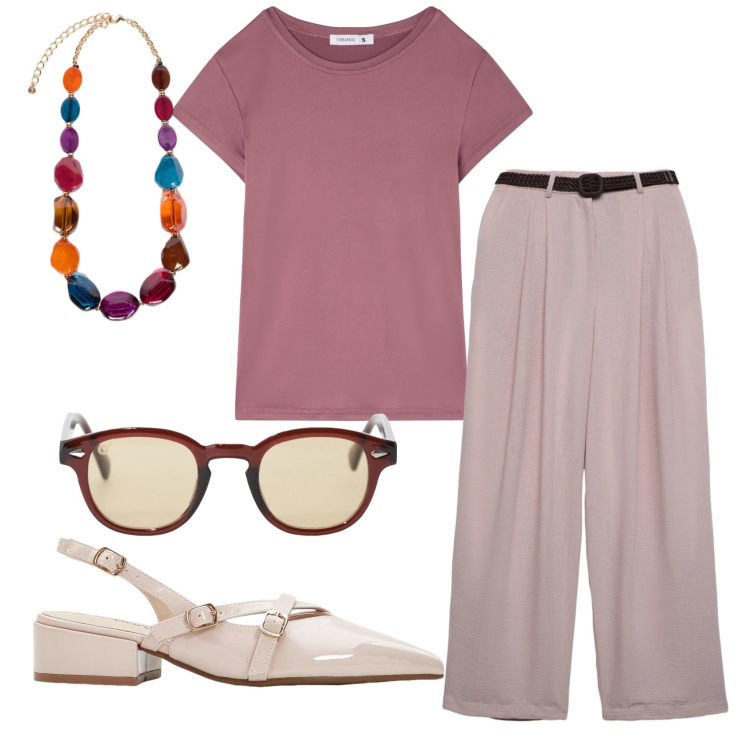 Outfit donna - Total look #2407868. Stile Basic per Ufficio. Abbinamento con décolleté, pantaloni, t-shirt, occhiali da sole, collane.