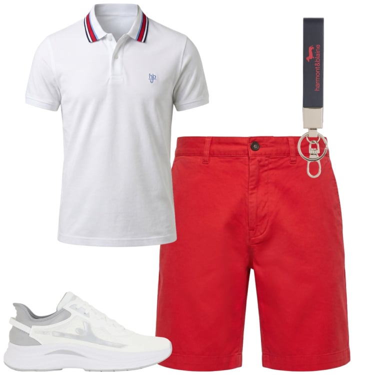Outfit uomo - Che il caldo abbia inizio. Stile Casual per Tutti i giorni. Abbinamento con pantaloni corti, portachiavi, polo, sneakers.