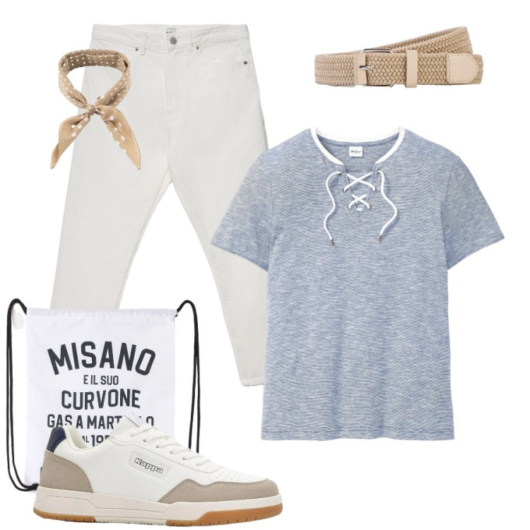 Outfit uomo - Total look #2407887. Stile Casual per Tutti i giorni. Abbinamento con t-shirt, sneakers, cinture, borse sportive, jeans, sciarpe e foulard.