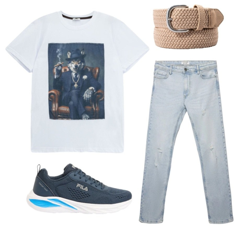 Outfit uomo - Total look #2407888. Stile Urban per Tutti i giorni. Abbinamento con sneakers, jeans strappati, t-shirt, cinture.