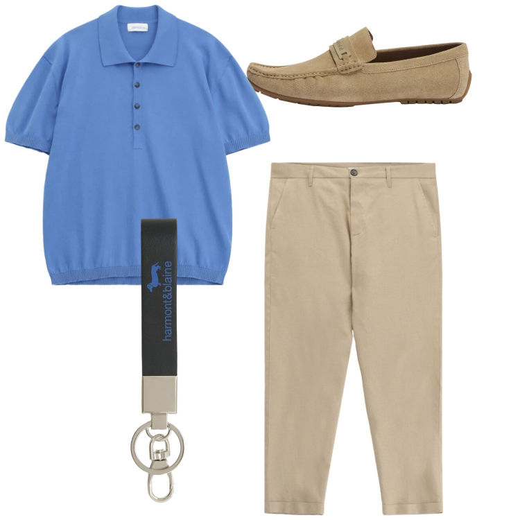 Outfit uomo - Total look. Stile Casual per Tutti i giorni. Abbinamento con polo, pantaloni, portachiavi, scarpe stringate.