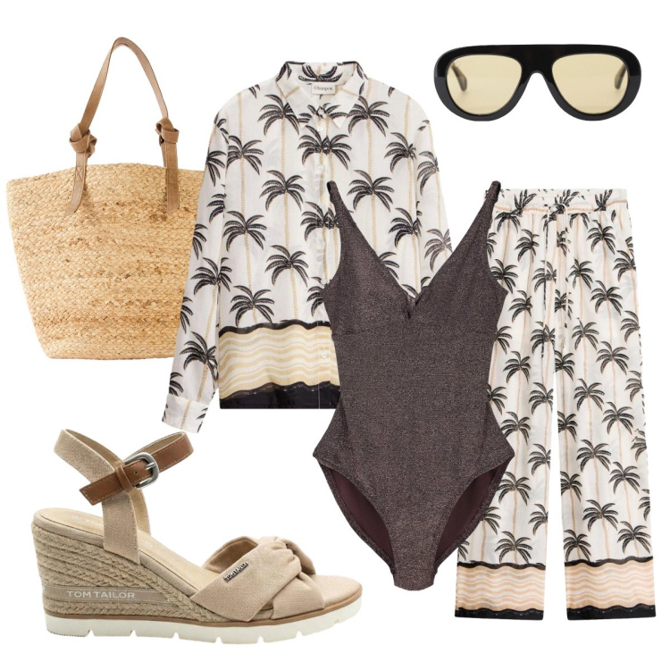 Outfit donna - Il completo con le palme. Stile Boho per Mare. Abbinamento con pantaloni a palazzo, camicie, shopping bag, sandali col tacco, costumi interi, occhiali da sole.