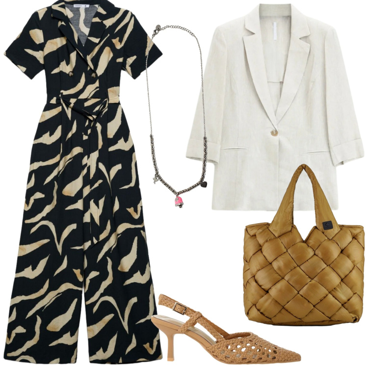Outfit donna - Appuntamento con aperitivo. Stile Casual chic per Serata fuori. Abbinamento con tute, décolleté, blazer, ciondoli, borse tote.