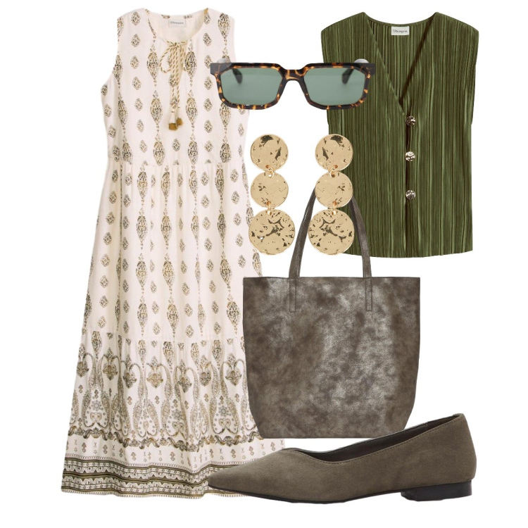 Outfit donna - L’abito smanicato. Stile Etnico per Ufficio. Abbinamento con vestiti lunghi, top, ballerine, shopping bag, occhiali da sole, orecchini.