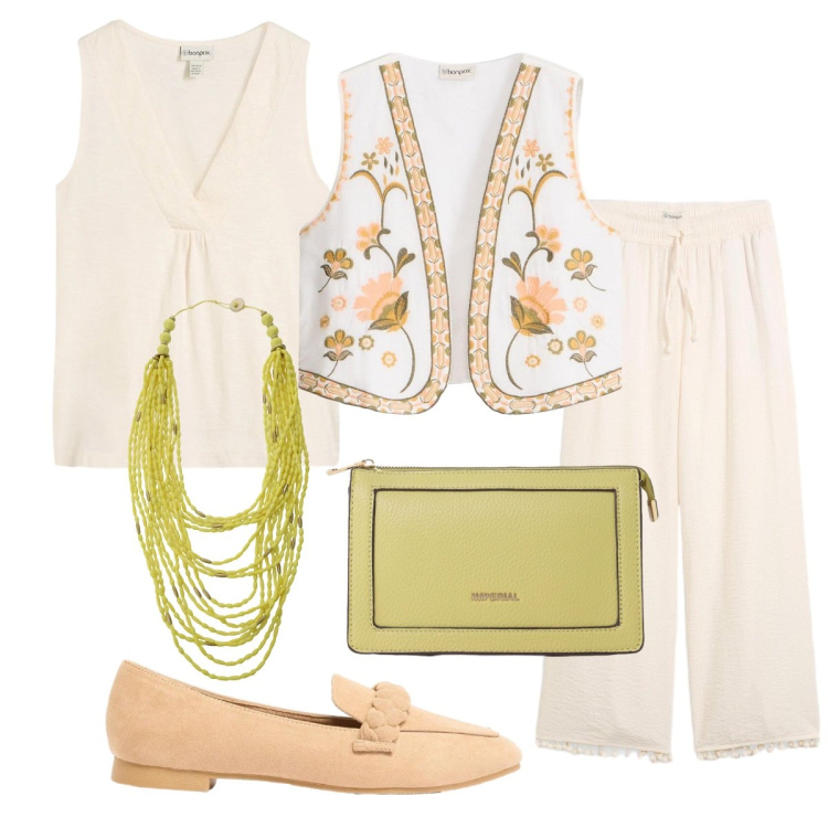 Outfit donna - Il gilet ricamato. Stile Etnico per Serata fuori. Abbinamento con pantaloni, gilet, top, mocassini, collane, borse a tracolla.