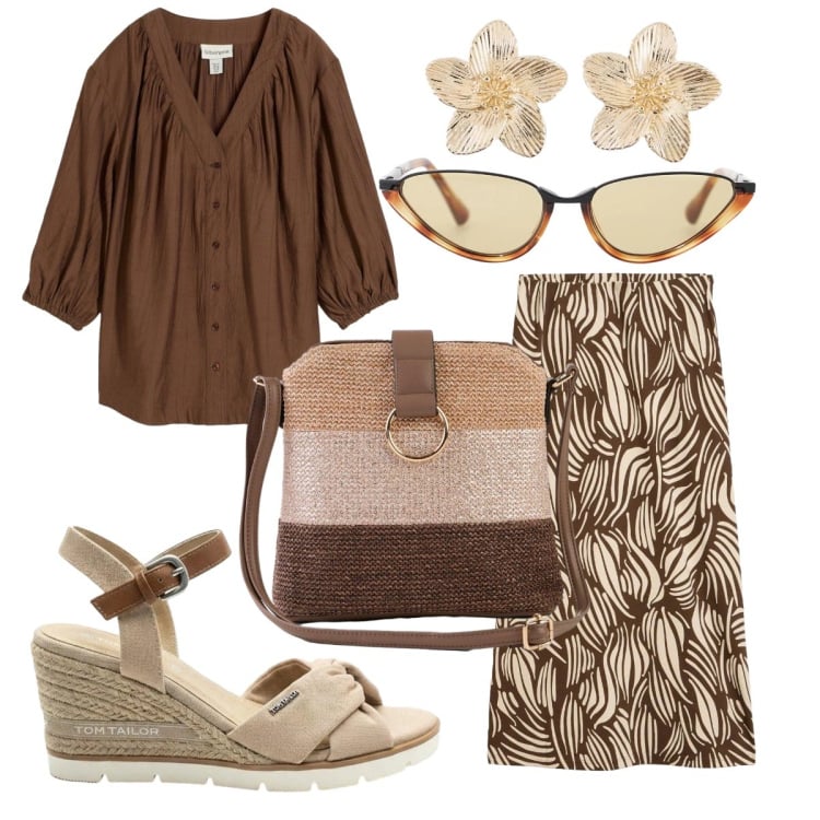 Outfit donna - La gonna con le foglie. Stile Etnico per Tutti i giorni. Abbinamento con bluse, sandali col tacco, borse a tracolla, gonne, orecchini, occhiali da sole.