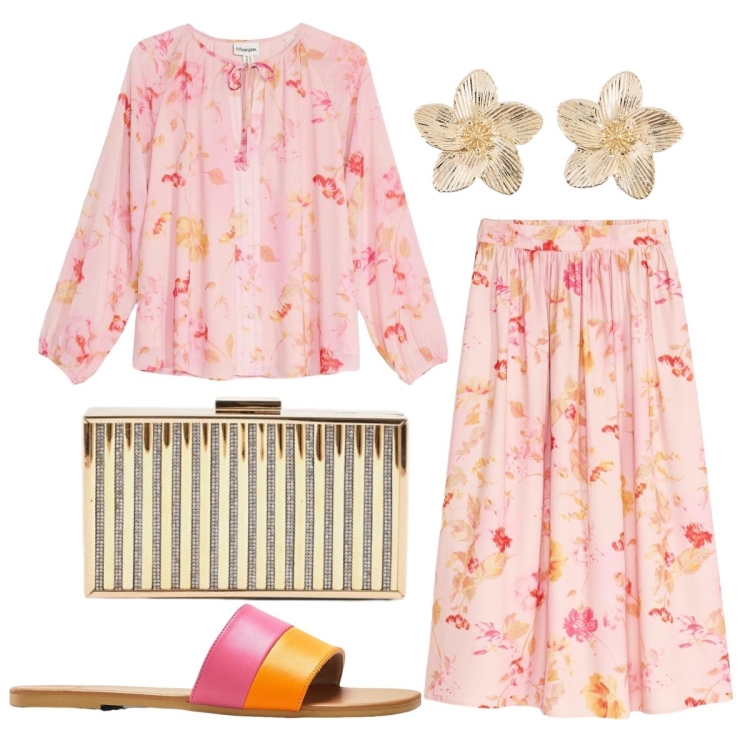 Outfit donna - Passeggiata romantica. Stile Romantica per Serata fuori. Abbinamento con gonne lunghe, ciabatte, bluse, orecchini, clutch.