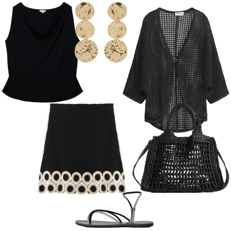 Outfit donna - Serate estive. per Serata fuori. Abbinamento con borse a tracolla, cardigans, gonne, canottiere, sandali, orecchini.