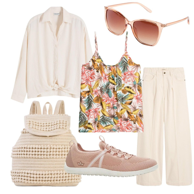 Outfit donna - Un outfit per il tuo relax. Stile Boho per Tutti i giorni. Abbinamento con canottiere, zaini, occhiali da sole, bluse, sneakers, jeans.