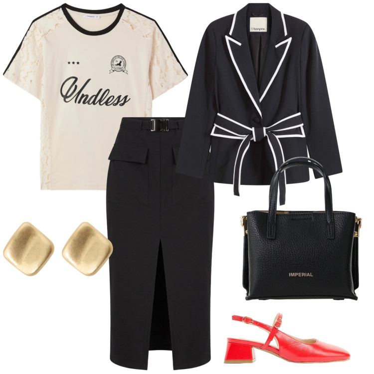 Outfit donna - Giugno in ufficio. per Ufficio. Abbinamento con blazer, décolleté, gonne longuette, t-shirt, borse a tracolla, orecchini.
