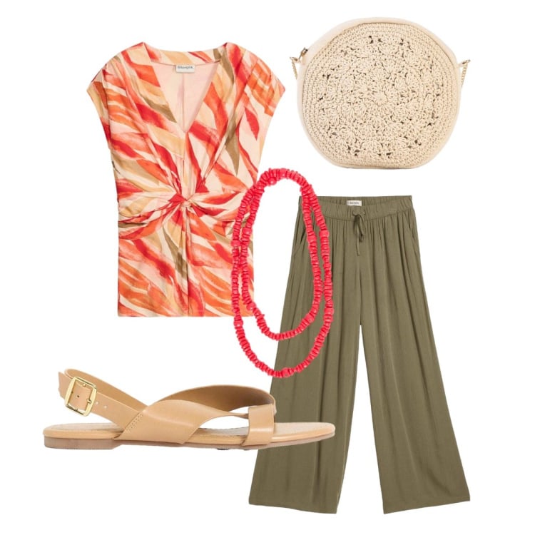 Outfit donna - Rilassata con il top fantasia. Stile Etnico per Tutti i giorni. Abbinamento con t-shirt, pantaloni, sandali, borse a tracolla, collane.