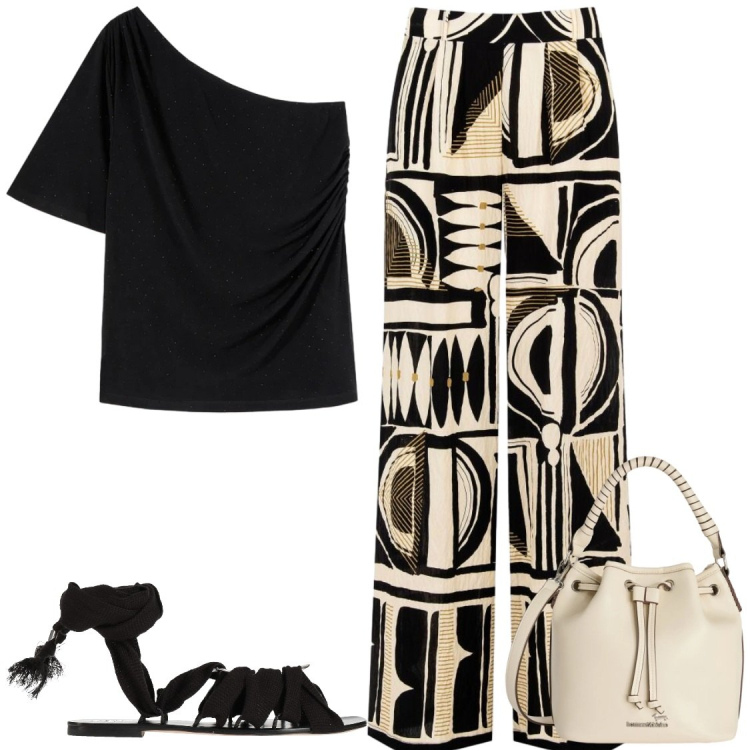 Outfit donna - Etnico. Stile Chic per Tutti i giorni. Abbinamento con ciabatte, pantaloni a palazzo, borse a secchiello, t-shirt.