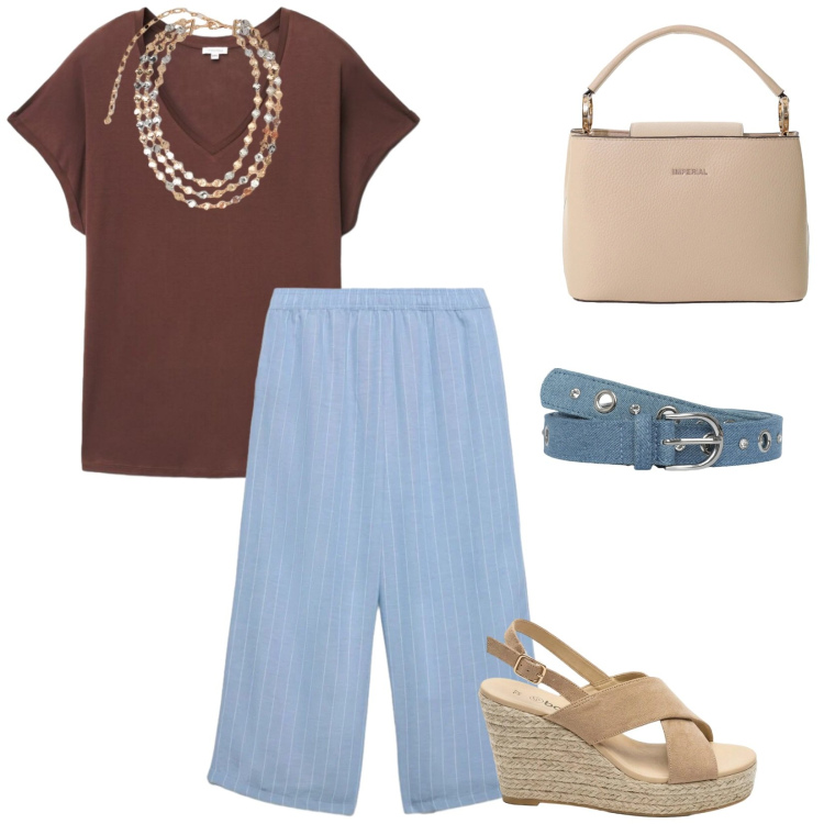 Outfit donna - Giornate estive. per Tutti i giorni. Abbinamento con sandali col tacco, t-shirt, cinture, pantaloni a palazzo, borse a secchiello, collane.