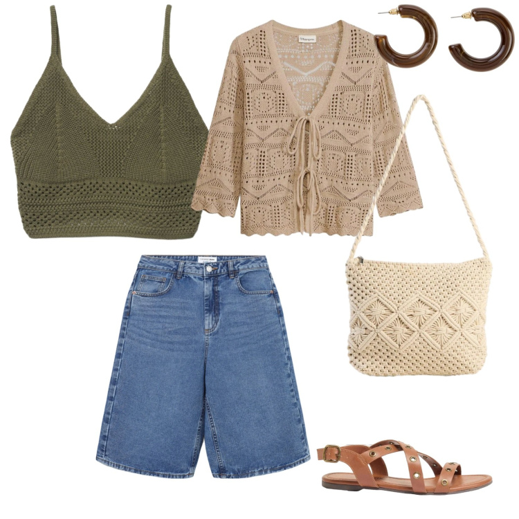 Outfit donna - In pineta. per Mare. Abbinamento con sandali, cardigans, borse a tracolla, orecchini, bermuda, canottiere.