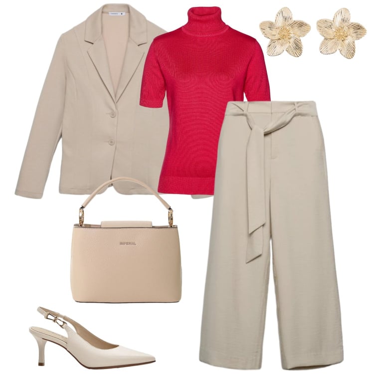 Outfit donna - Incontro di lavoro. per Ufficio. Abbinamento con maglieria, décolleté, orecchini, blazer, pantaloni a palazzo, borse a secchiello.