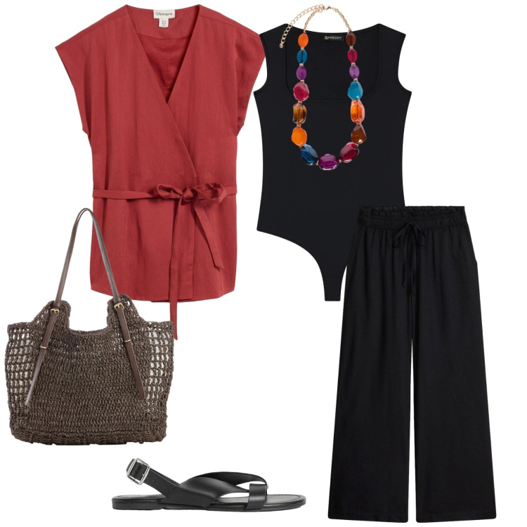 Outfit donna - Estate. per Tutti i giorni. Abbinamento con sandali, pantaloni a palazzo, gilet, shopping bag, top, collane.