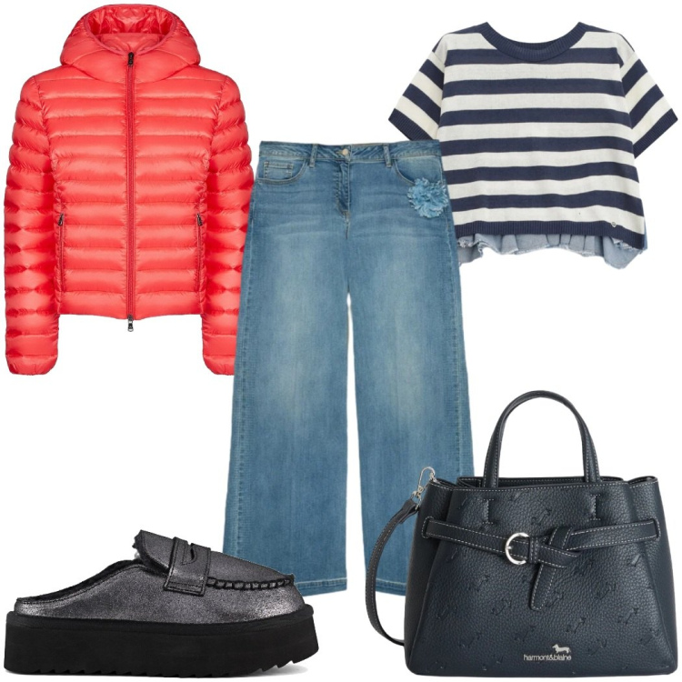 Outfit donna - Total look #2407932. Stile Casual per Tutti i giorni. Abbinamento con borse a mano, t-shirt, jeans, bomber, mocassini.