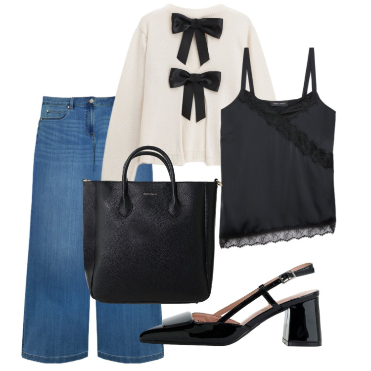Outfit donna - Romantica. Stile Romantica per Ufficio. Abbinamento con décolleté, borse a tracolla, maglieria, top, jeans.