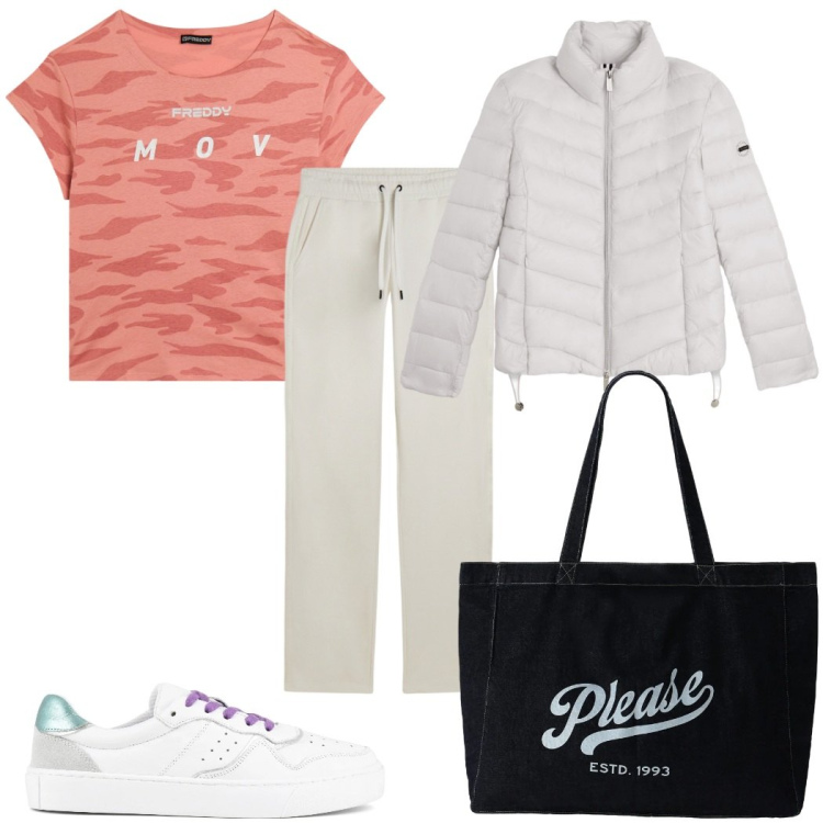 Outfit donna - Total look #2407939. Stile Trendy per Sport. Abbinamento con shopping bag, pantaloni, piumini, t-shirt, sneakers.