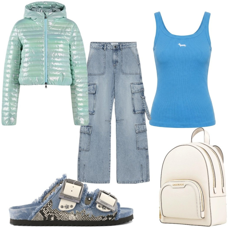 Outfit donna - Total look #2407941. Stile Trendy per Tutti i giorni. Abbinamento con zaini, jeans, canottiere, piumini, sandali.