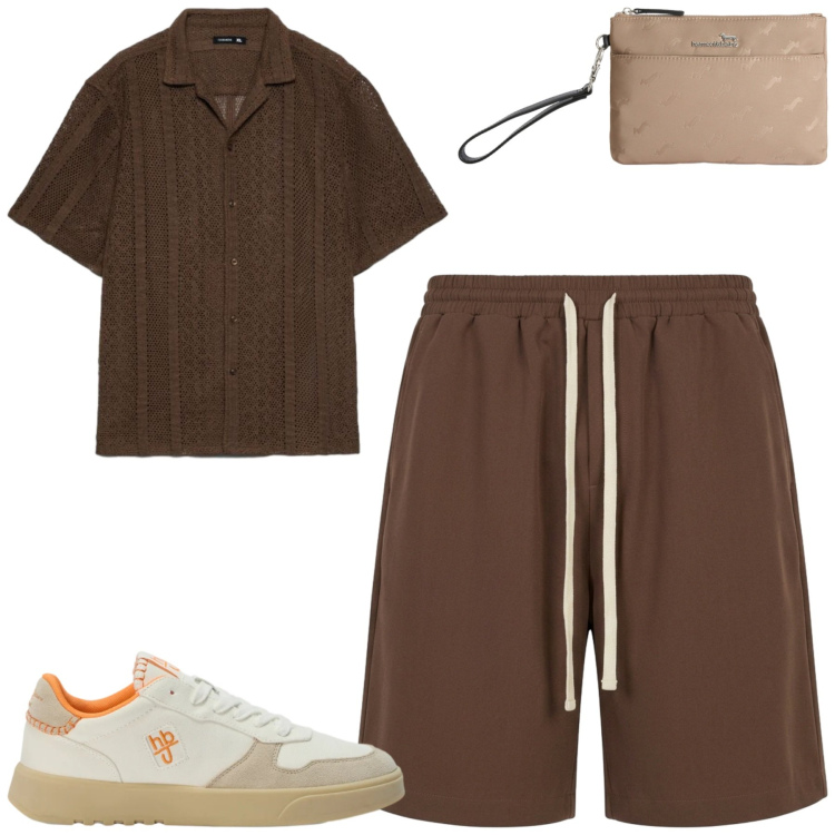 Outfit uomo - Maggio se ne va. Stile Casual per Tutti i giorni. Abbinamento con pantaloni corti, camicie a manica corta, borse sportive, sneakers.