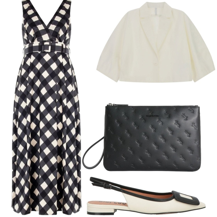 Outfit donna - Bianco e nero a quadri. Stile Chic per Serata fuori. Abbinamento con ballerine, blazer, vestiti lunghi, anelli.