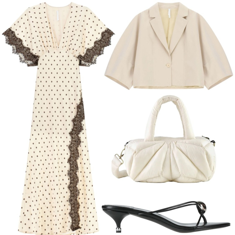 Outfit donna - Pois. Stile Chic per Serata fuori. Abbinamento con ciabatte, vestiti lunghi, blazer, borse a mano.