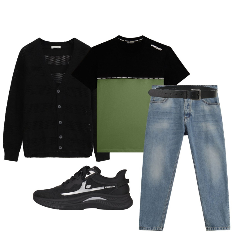 Outfit uomo - Total look #2407951. Stile Casual per Tutti i giorni. Abbinamento con jeans, cardigans, cinture, t-shirt, sneakers.