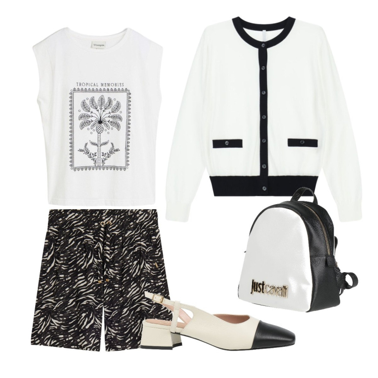 Outfit donna - Bianco e nero primavera. Stile Casual chic per Tutti i giorni. Abbinamento con décolleté, zaini, canottiere, cardigans, bermuda.