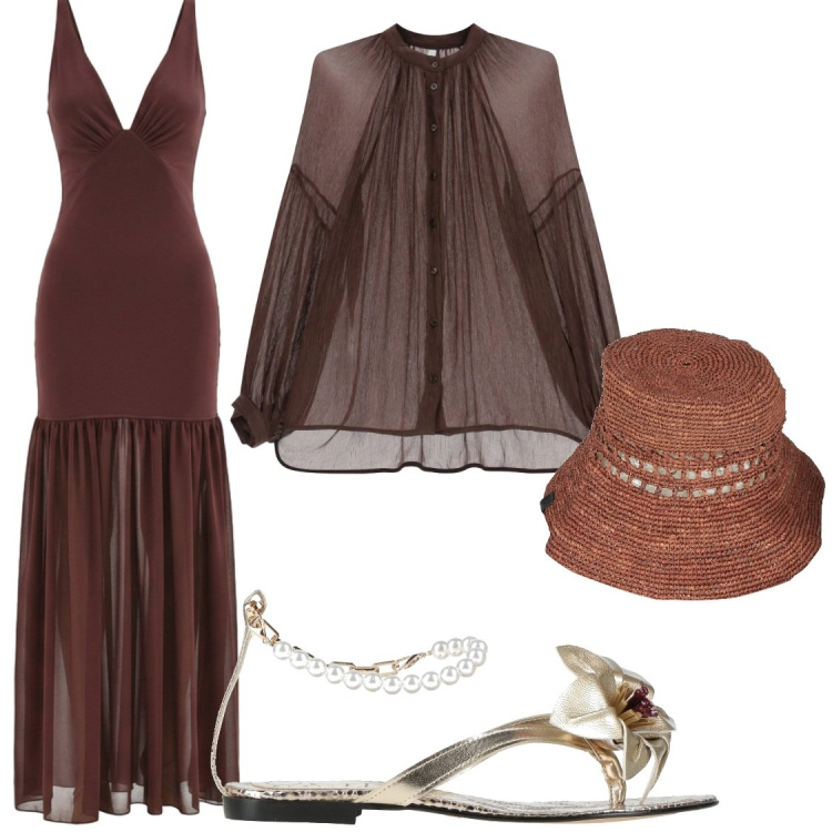 Outfit donna - Cioccolato. Stile Glamour per Serata fuori. Abbinamento con ciabatte, cappelli con visiera, vestiti lunghi, camicie.