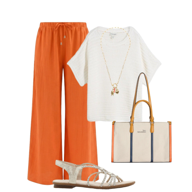 Outfit donna - I nuovi palazzo. Stile Trendy per Tutti i giorni. Abbinamento con maglieria, sandali, borse tote, ciondoli, pantaloni a palazzo.