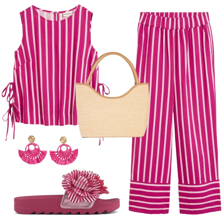 Outfit donna - Righe fucsia. Stile Glamour per Tutti i giorni. Abbinamento con pantaloni, canottiere, shopping bag, orecchini, ciabatte.
