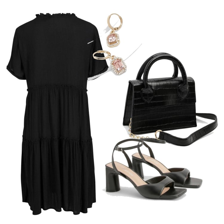 Outfit femme - Cérémonie en noir. Style Casual chic pour Cérémonie. Assortir avec robes longues, sacs en bandoulière, boucles d'oreilles, sandales.