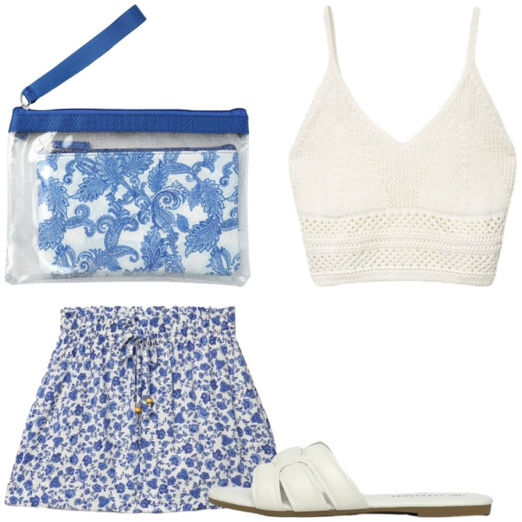 Outfit donna - Pomeriggio estivi. Stile Casual chic per Tutti i giorni. Abbinamento con shorts, top, pochette, ciabatte.