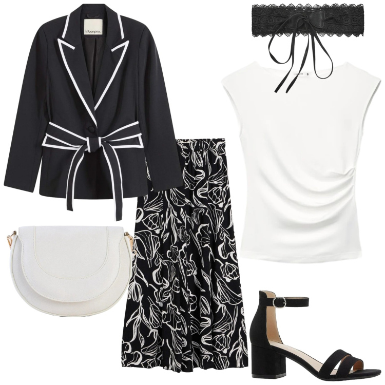 Outfit donna - Black and white for me. Stile Chic per Serata fuori. Abbinamento con sandali col tacco, borse a tracolla, gonne lunghe, blazer, cinture, top.