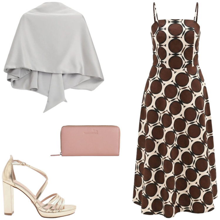 Outfit donna - L\'abito per una sera. Stile Glamour per Cerimonia. Abbinamento con vestiti lunghi, sandali col tacco, scialli, portafogli.