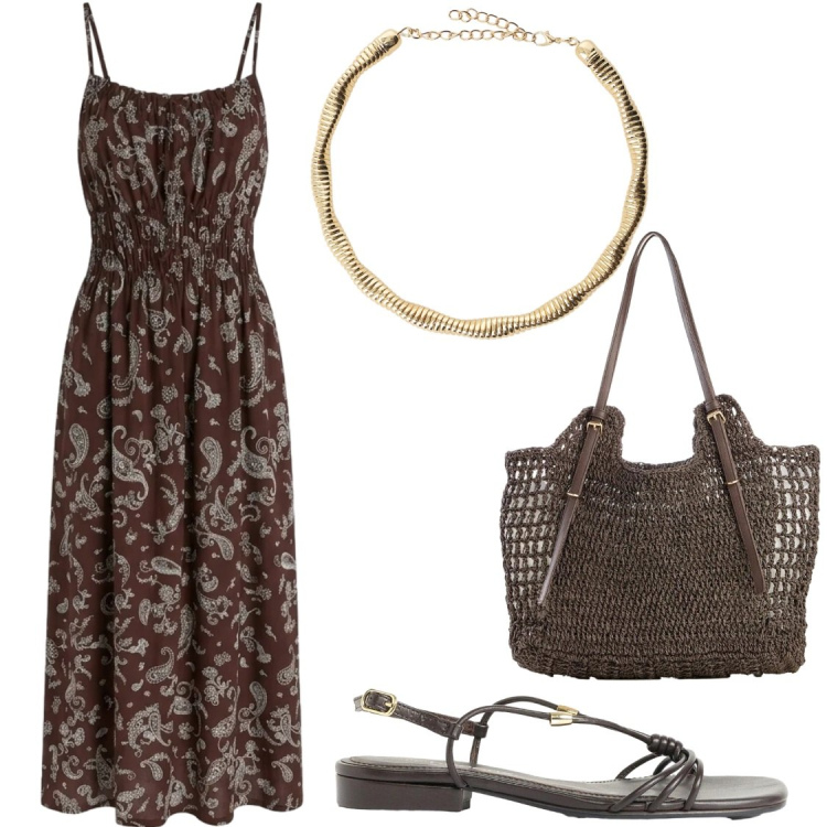 Outfit donna - Sere estive. Stile Chic per Serata fuori. Abbinamento con sandali, shopping bag, vestiti lunghi, collane.