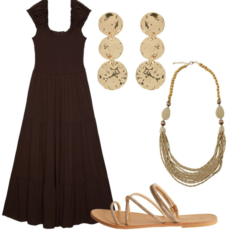 Outfit donna - Chic con poco. Stile Chic per Serata fuori. Abbinamento con vestiti lunghi, sandali, collane, orecchini.