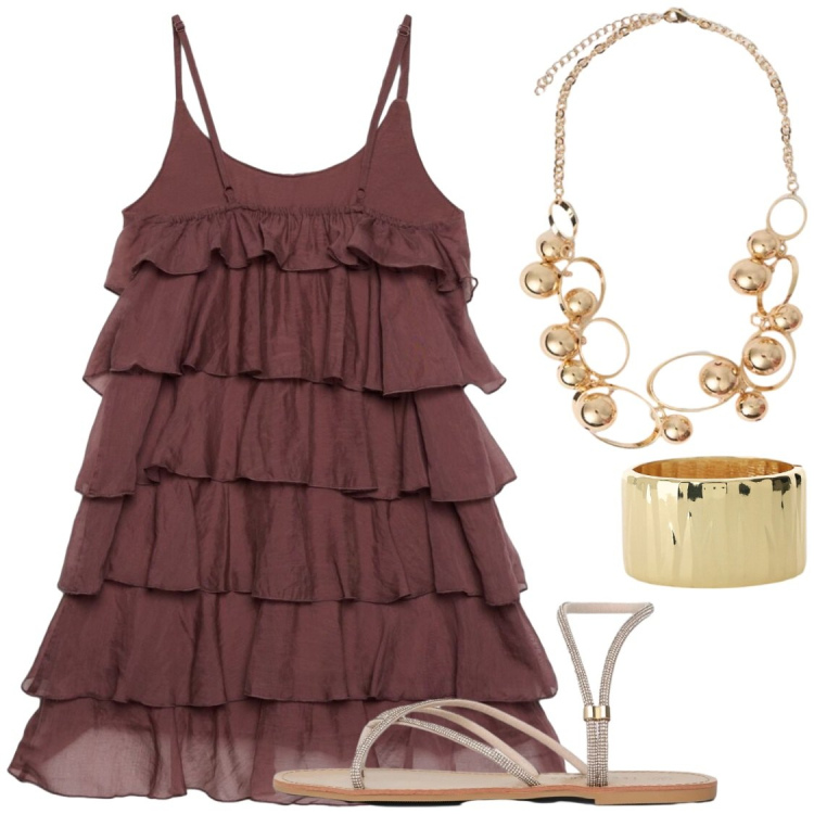 Outfit donna - Comodo e chic. Stile Chic per Serata fuori. Abbinamento con vestiti corti, sandali, braccialetti, collane.