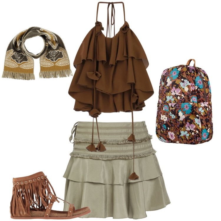 Outfit donna - 2000s vibes. Stile Etnico per Mare. Abbinamento con infradito, minigonne, sciarpe, valigie, top.