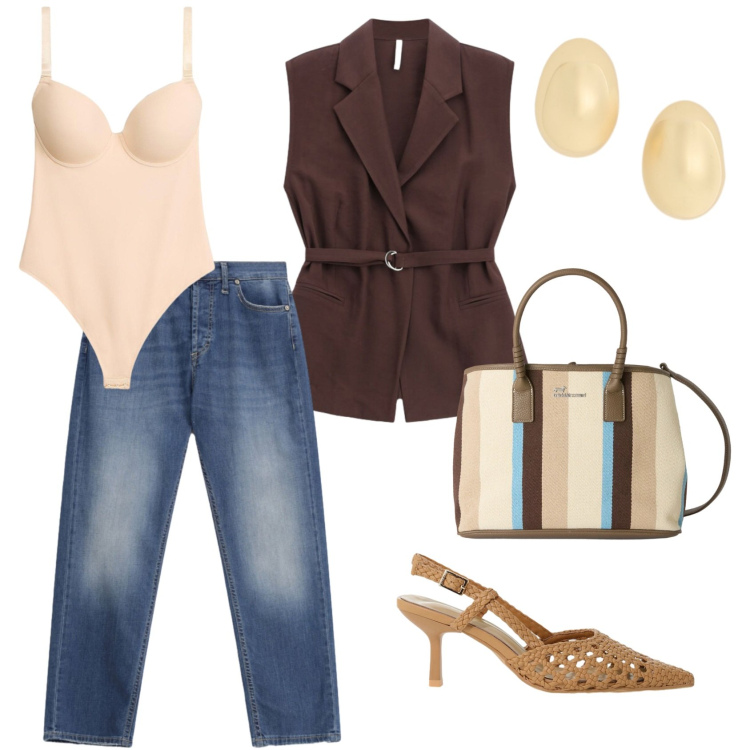 Outfit donna - Aperitivo con le amiche. Stile Bon Ton per Tutti i giorni. Abbinamento con body, gilet, décolleté, shopping bag, jeans dritti, orecchini.
