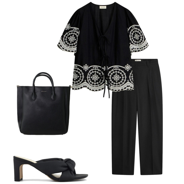 Outfit donna - In ufficio. Stile Casual chic per Ufficio. Abbinamento con bluse, pantaloni, borse a tracolla, sandali col tacco.