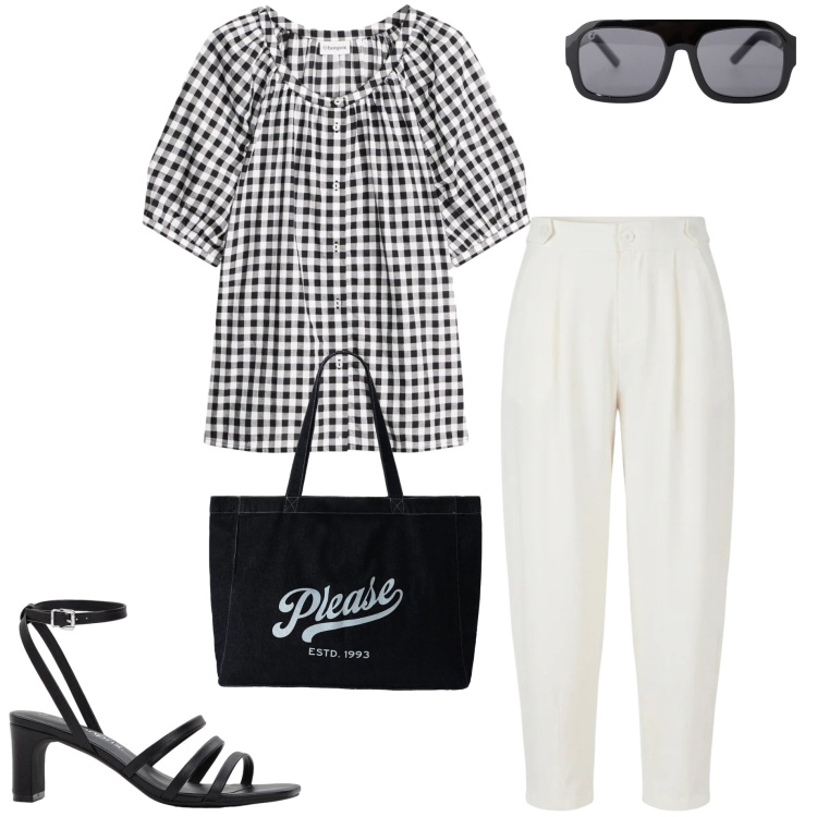 Outfit donna - In città. Stile Casual chic per Tutti i giorni. Abbinamento con bluse, sandali col tacco, pantaloni, occhiali da sole, shopping bag.