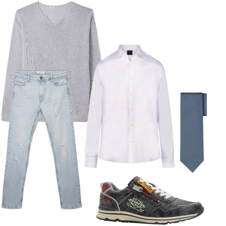 Outfit uomo - Total look #2408009. Stile Urban per Tutti i giorni. Abbinamento con sneakers, jeans strappati, maglieria, camicie, cravatte.