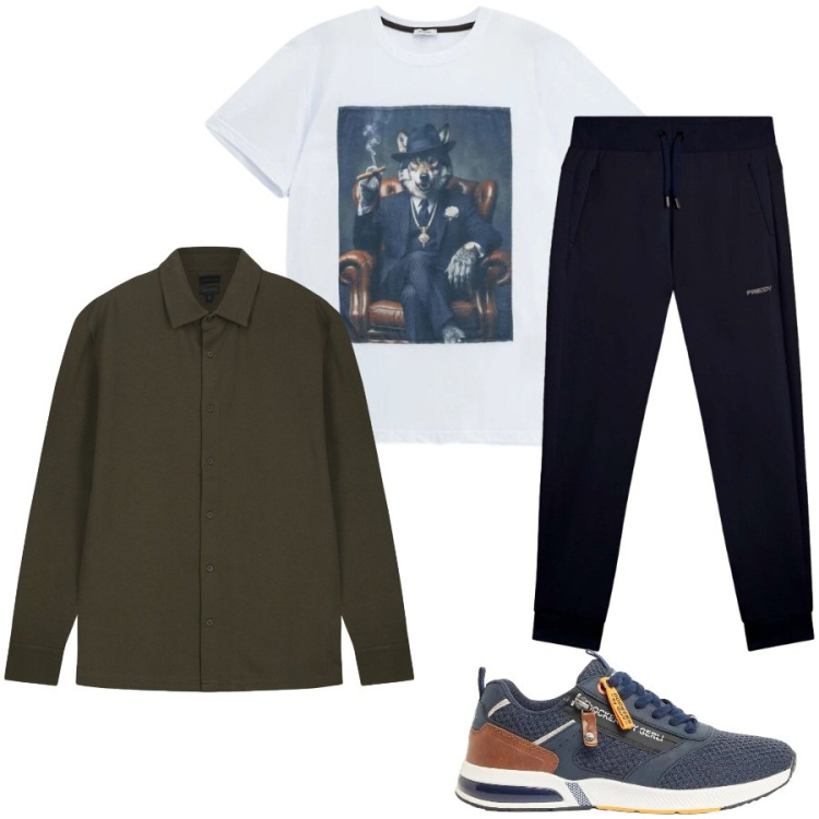 Outfit uomo - Total look #2408011. Stile Trendy per Tutti i giorni. Abbinamento con sneakers, t-shirt, polo, pantaloni.