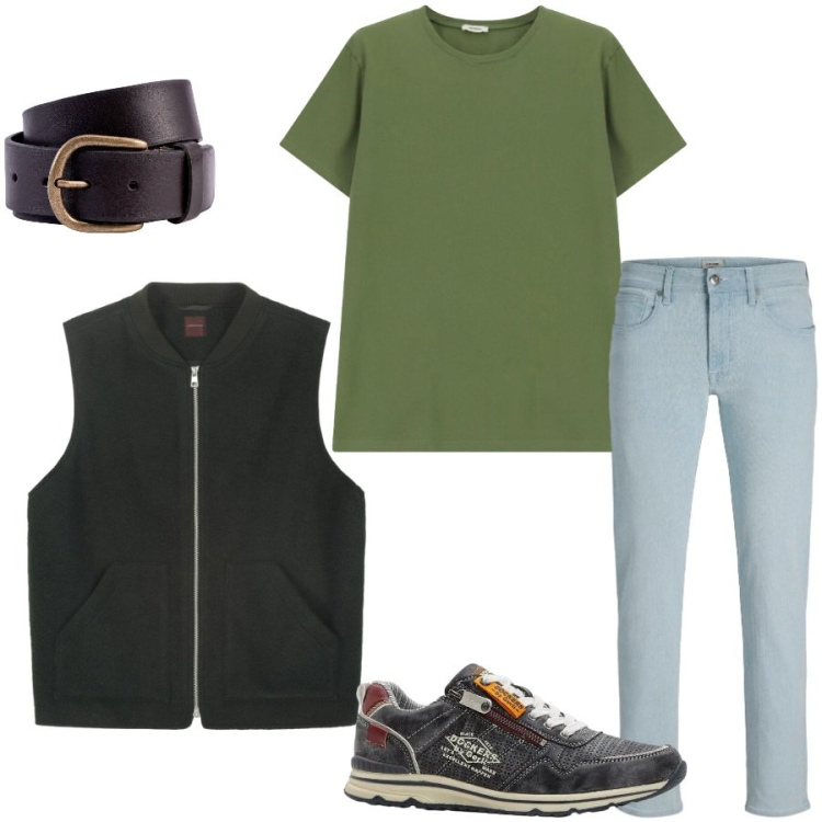 Outfit uomo - Total look #2408012. Stile Trendy per Tutti i giorni. Abbinamento con sneakers, jeans slim fit, t-shirt, piumini, cinture.