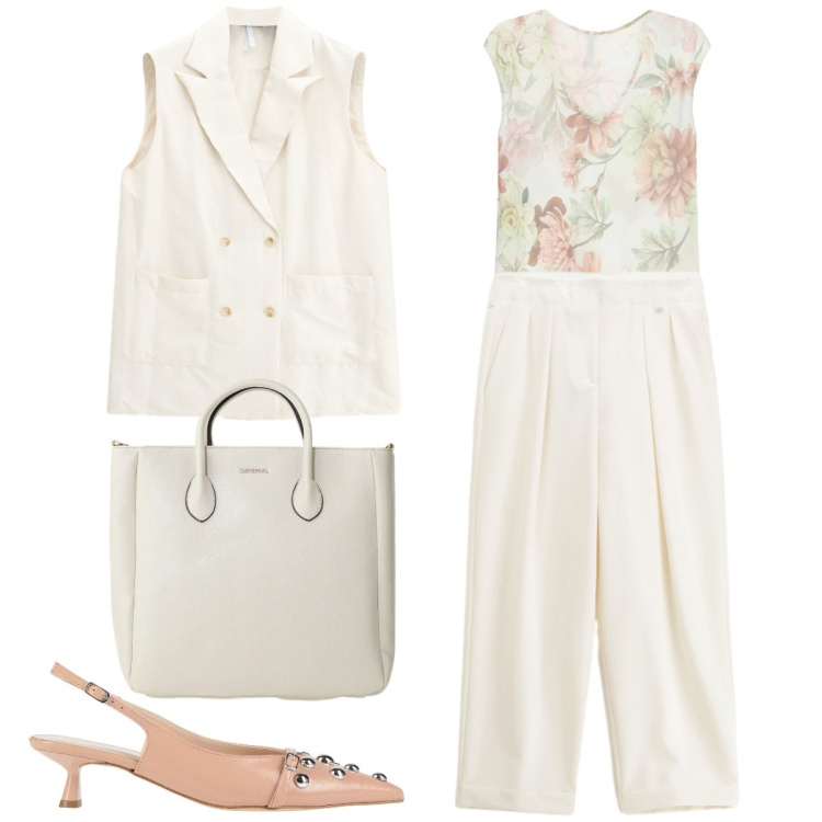 Outfit donna - Ufficio d\'estate. Stile Casual chic per Ufficio. Abbinamento con décolleté, gilet, borse a tracolla, top, pantaloni.