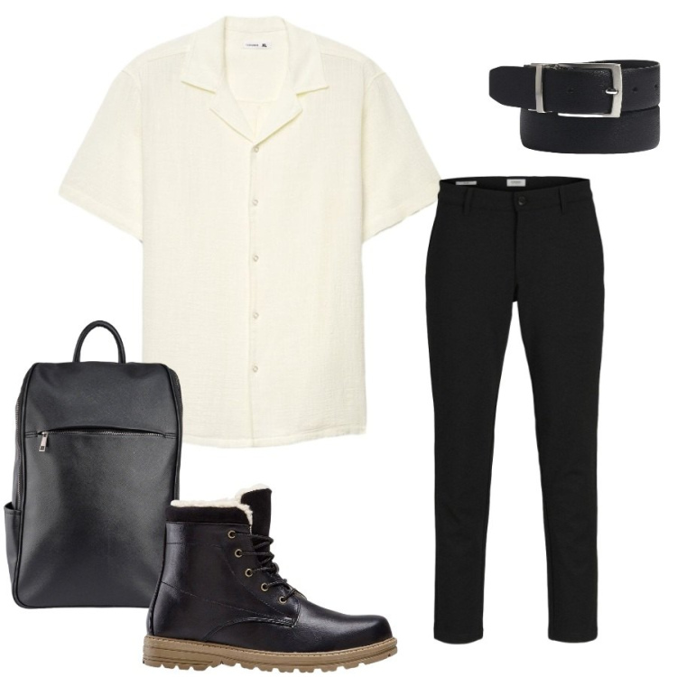 Outfit uomo - Total look #2408018. Stile Urban per Tutti i giorni. Abbinamento con stivali e stivaletti, pantaloni chino, camicie a manica corta, borse sportive, cinture.
